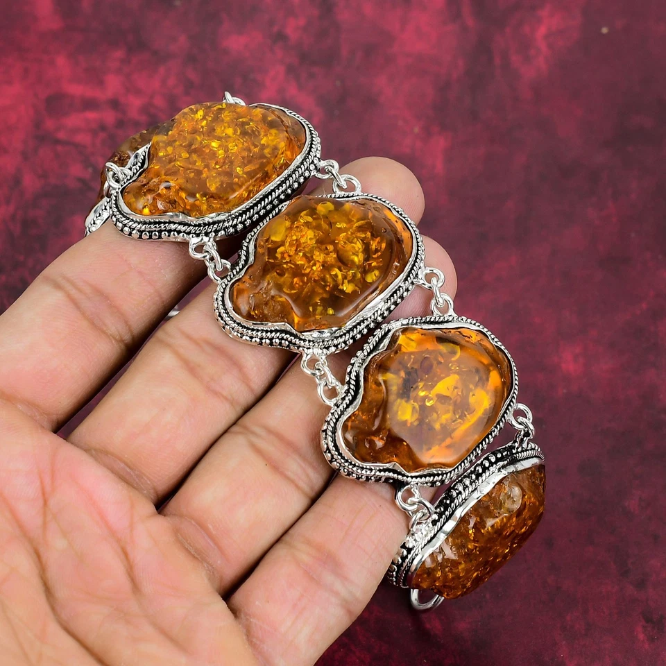 Pulseira de prata esterlina 925 pedra preciosa âmbar natural do Báltico presente de ano novo - Imagem 2 de 4