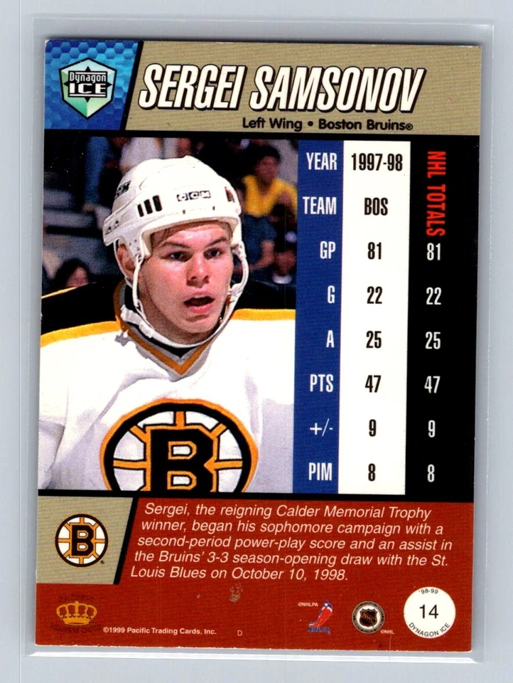 1998-99 Pacific Dynagon Ice #14 Sergei Samsonov Boston Bruins - Image 2 of 2