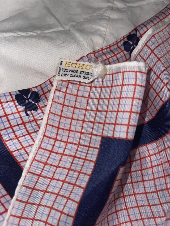 Vintage Echo Square Silk Bandana Scarf Neckerchief, White Blue Red Plaid - Image 4 of 4