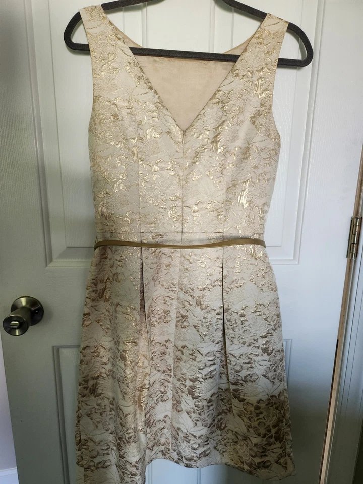 Eliza J Ivory Rose Gold Floral Metalic A Line Sleeveless Short Dress Size 10 - Image 2 of 4