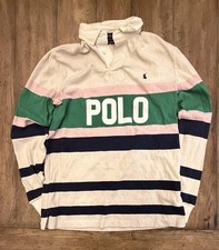 Polo Ralph Lauren Polo Shirt Mens Small Green Pink Navy Stripe Rugby Classic Fit