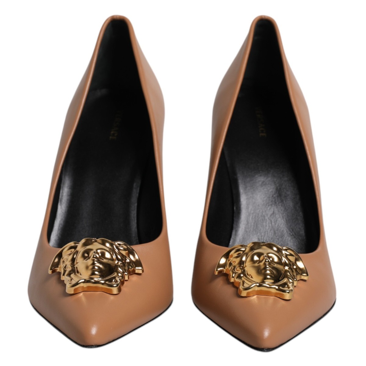 VERSACE Shoes Brown Leather Logo Plaque High Heels Pumps