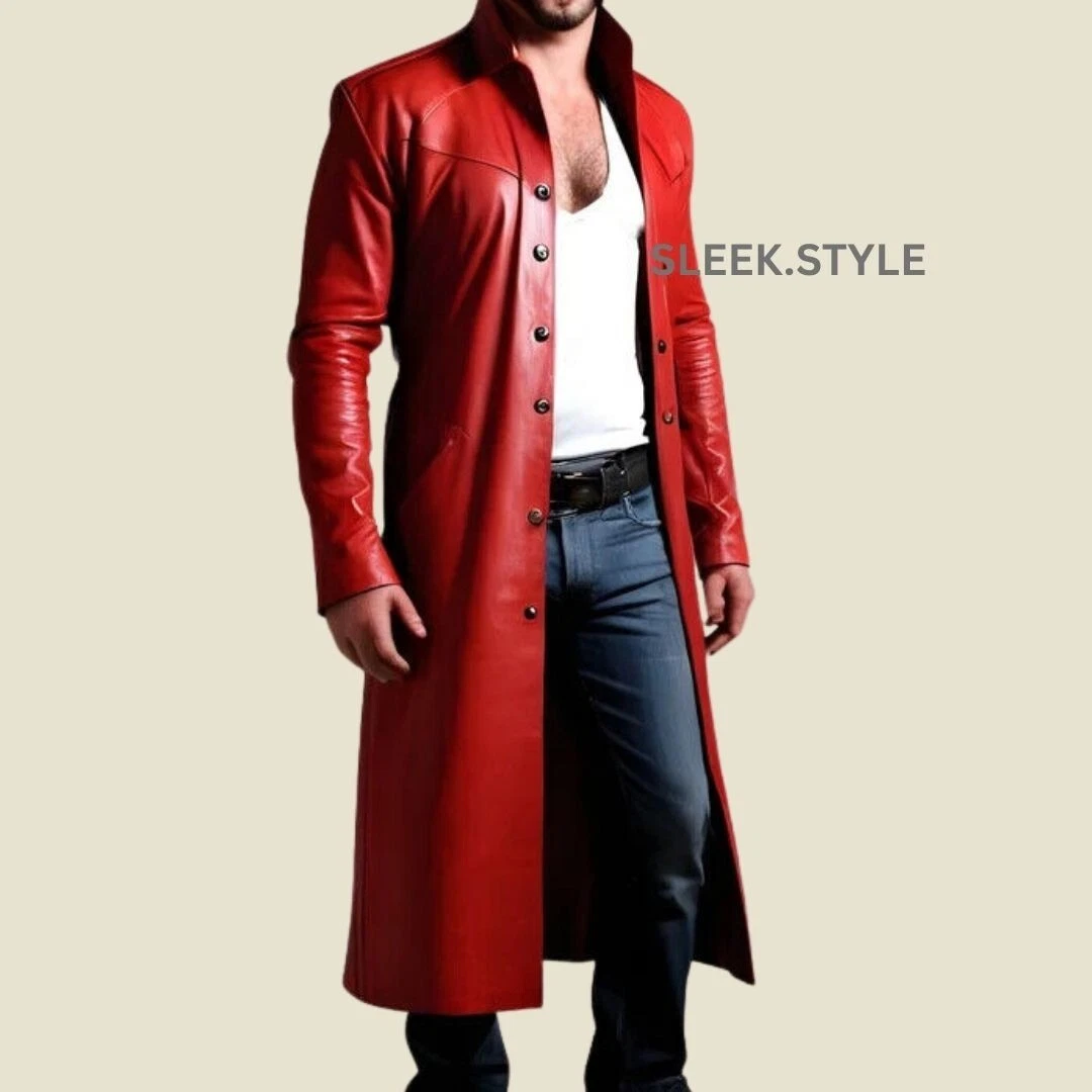 Mens Leather Trench Coat Lambskin Leather Long Winter Overcoat Fashion Mens