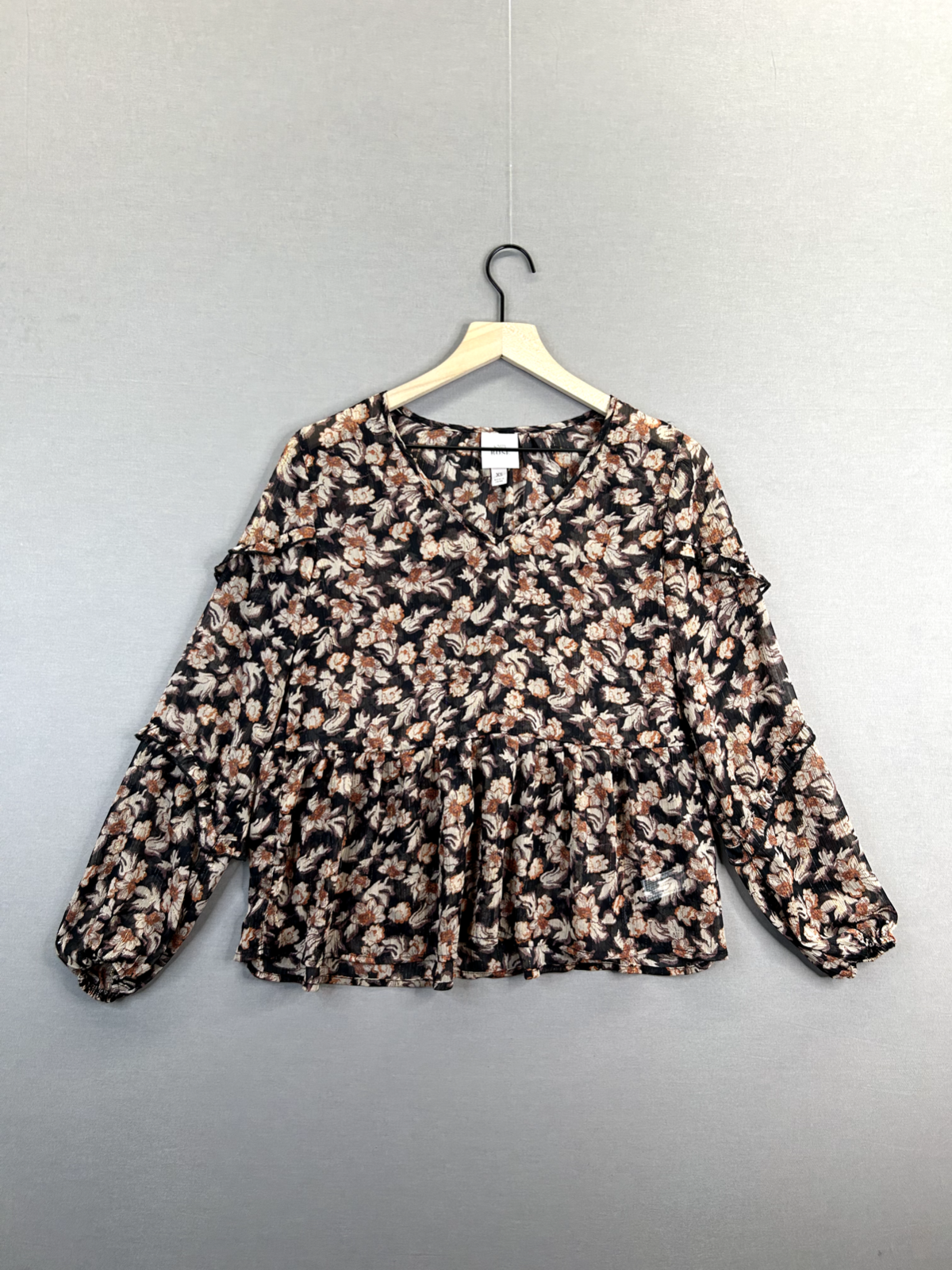 Knox Rose Womens Black Blouse Floral Long Sleeve V-Neck Size XS