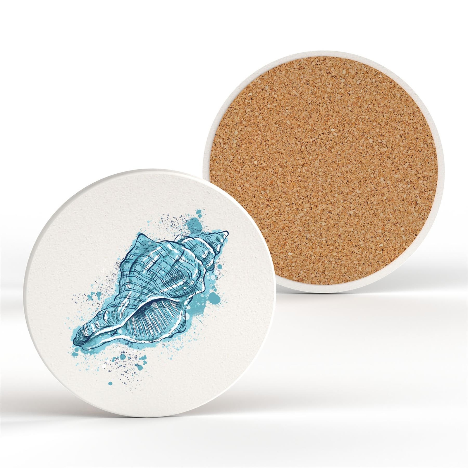 WATERCOLOUR SEA SHELL SHORELINE BLUE CERAMIC ROUND COASTER