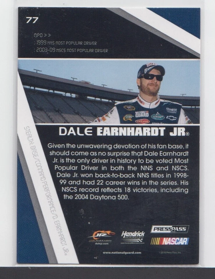 DALE EARNHARDT Jr. : 2010 - NASCAR - PRESS PASS STEALTH - CARD # 77 - Image 2 of 2