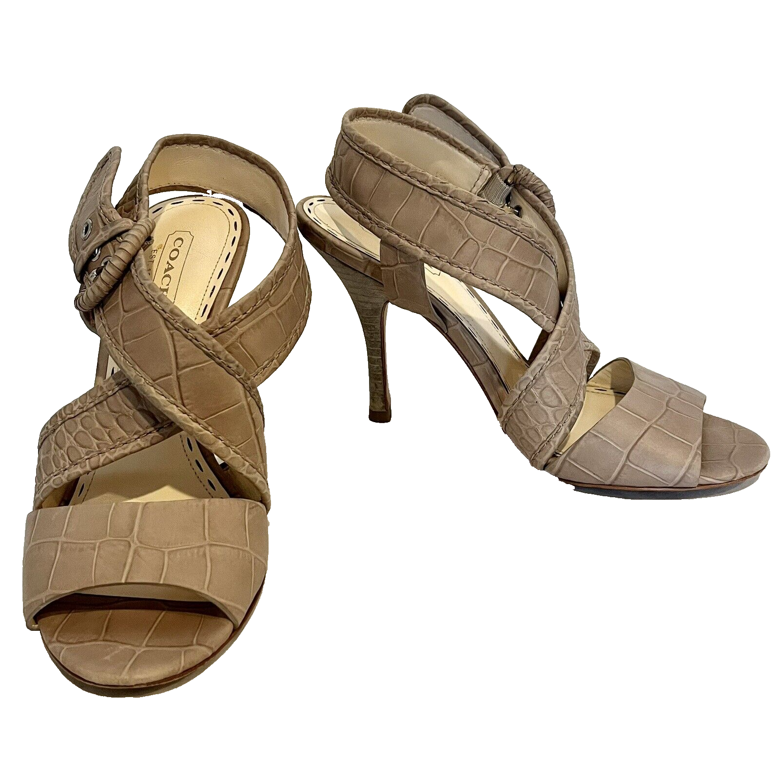 Coach Karlie Croc-Embossed Leather Sandals Beige Size 5.5B Women's