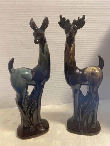 Vintage Canadian Art Pottery Buck and Doe Irredescent Glaze Figurines 