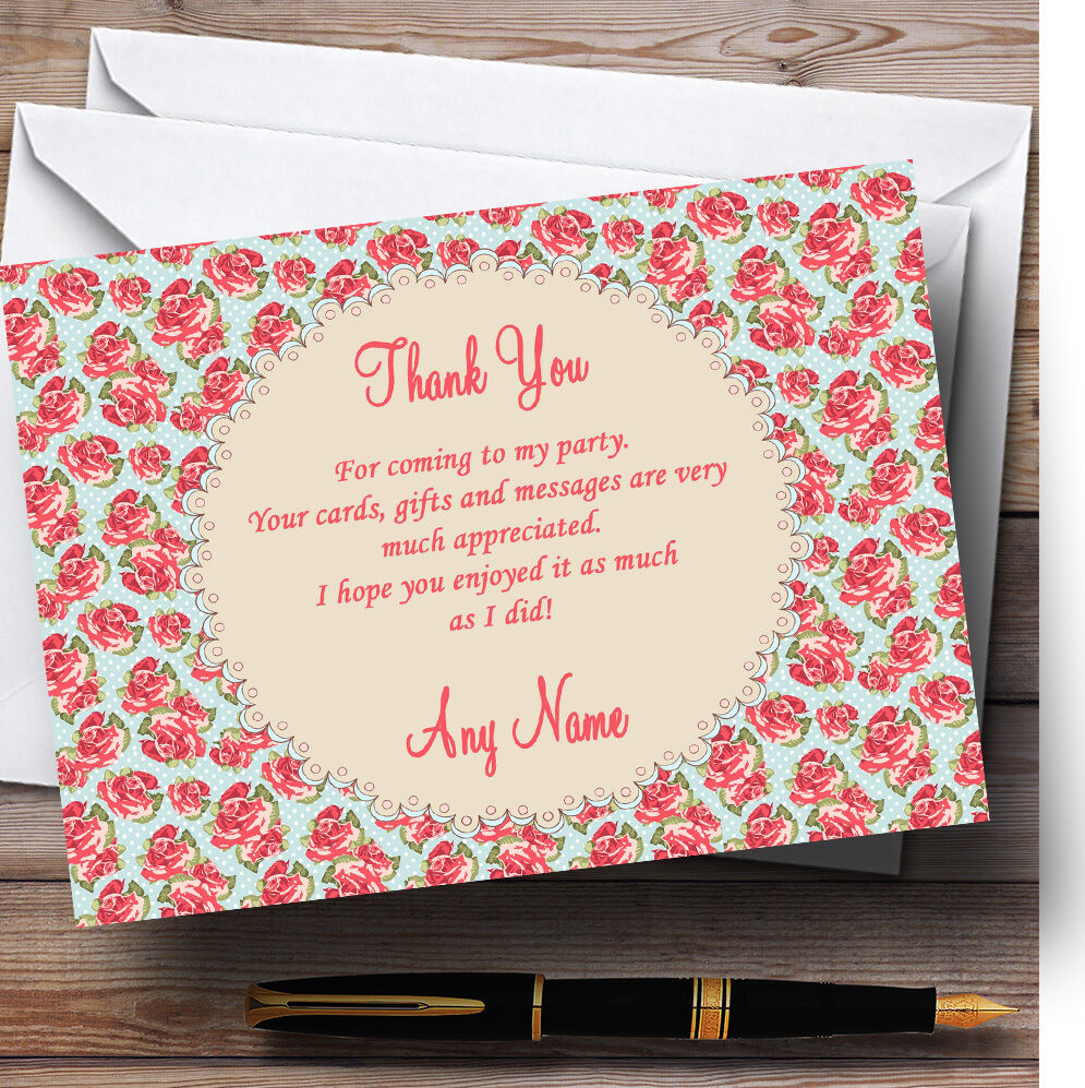 Blue And Coral Pink Floral Shabby Chic Chintz Personalised Party Thank You Cards Wysoka jakość, oryginalność