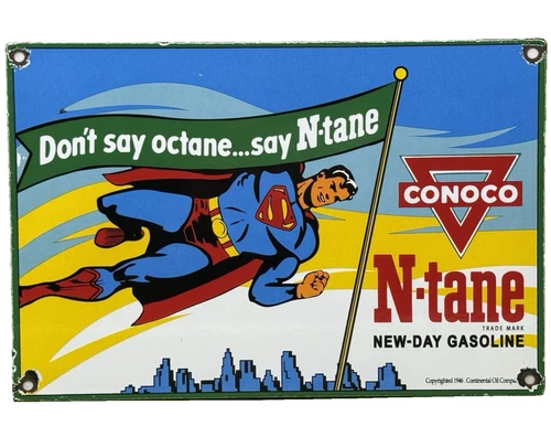 VINTAGE CONOCO SUPERMAN GASOLINE PORCELAIN SIGN GAS STATION PUMP PLATE MOTOR OIL