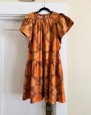 Ulla Johnson Orange Brown Tie Dye Round Neck Puff Sleeve Short Dress 14
