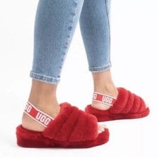 UGG Fluff Yeah Slide Red Fur Slip On Comfy Slippers