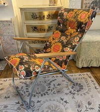 Vintage 70s Folding Reclining Garden Chair Cushioned Floral Orange Brown Deck