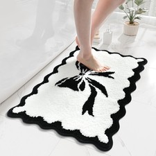 Black White Bow Bath Mat Scalloped Non Slip Microfiber Washable 18x25 Inch