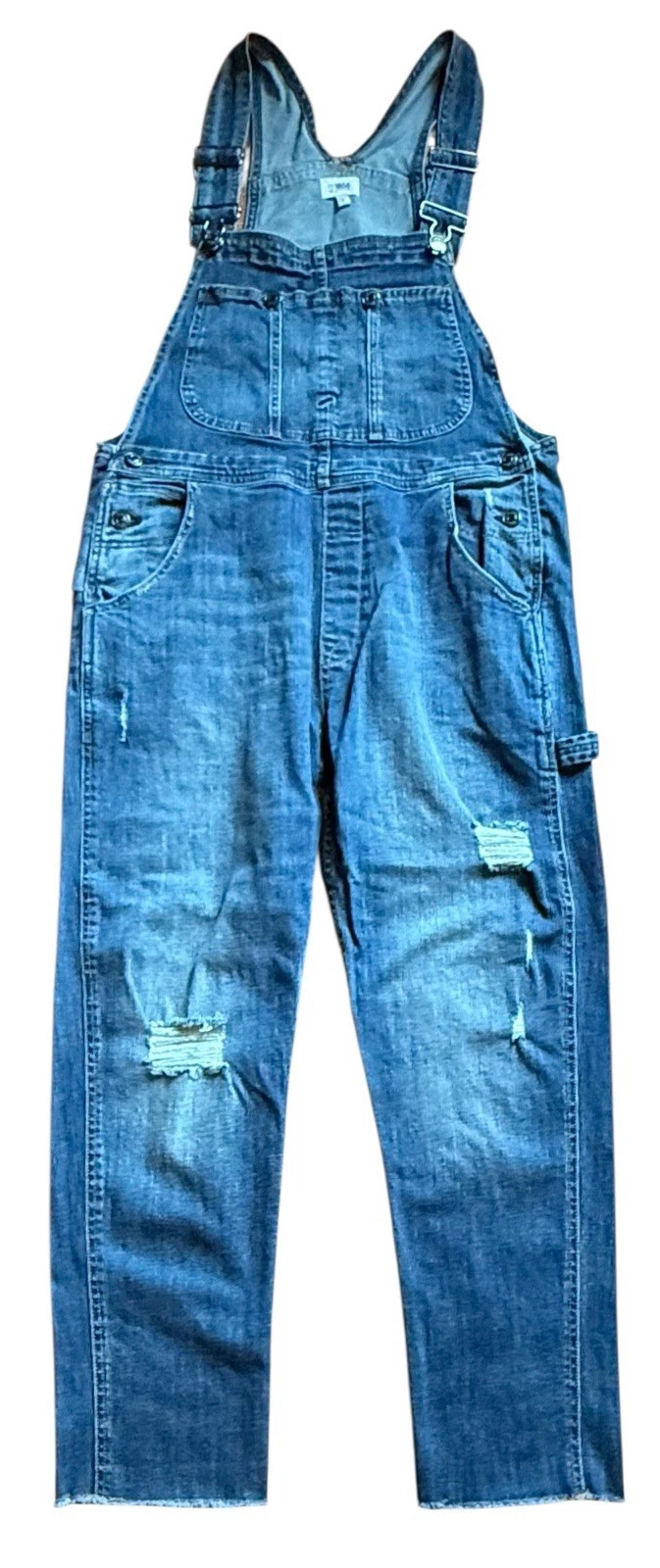 m1858 Blue Denim Overall Jumpsuit L, Distressed, Pockets, Adjustable Straps