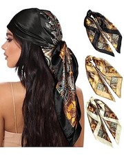 35 Large Square Satin Head Scarf - 3Pcs Satin Hair Cashew camel/Black/Beige