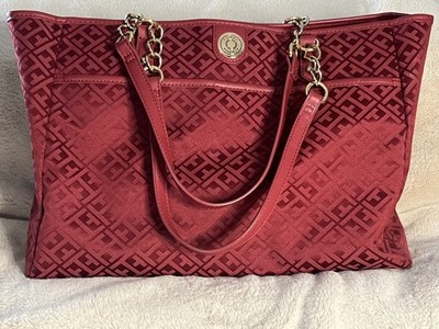 Tommy Hilfiger Red Monogram Jacquard Tote Bag Purse