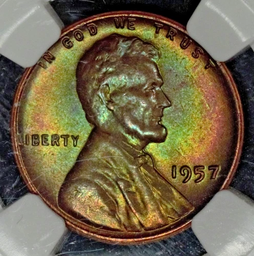 1957 Lincoln Wheat Cent, NGC MS66 RB, Beautiful Green toning