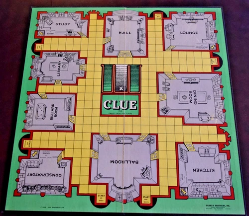 Clue, Game Board, 1949, Original, Great Detective Game, Vintage, Parker Bros
