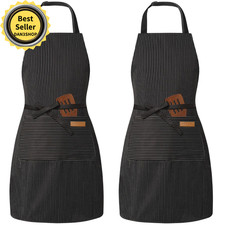 2 Pack Adjustable Bib Apron with 2 Pockets Chef Cooking Kitchen Black Pinstripe.