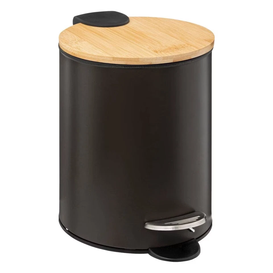 Poubelle Salle de Bain 3L Métal Noir Couvercle Bambou Corbeille à Pédale - Photo 1/1