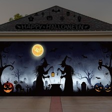 Halloween Garage Door Cover 7 x 16 ft Witch Silhouette Door Decoration