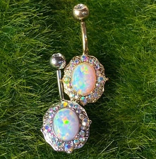 Opal Center Belly Ring Paved Aurora Borealis Gems Pierced Navel IP 14k Gold