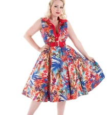 Hearts & Roses Shirt Dress Rockabilly UK 10 US 6 Red Blue Pin-up Fit Flare Retro
