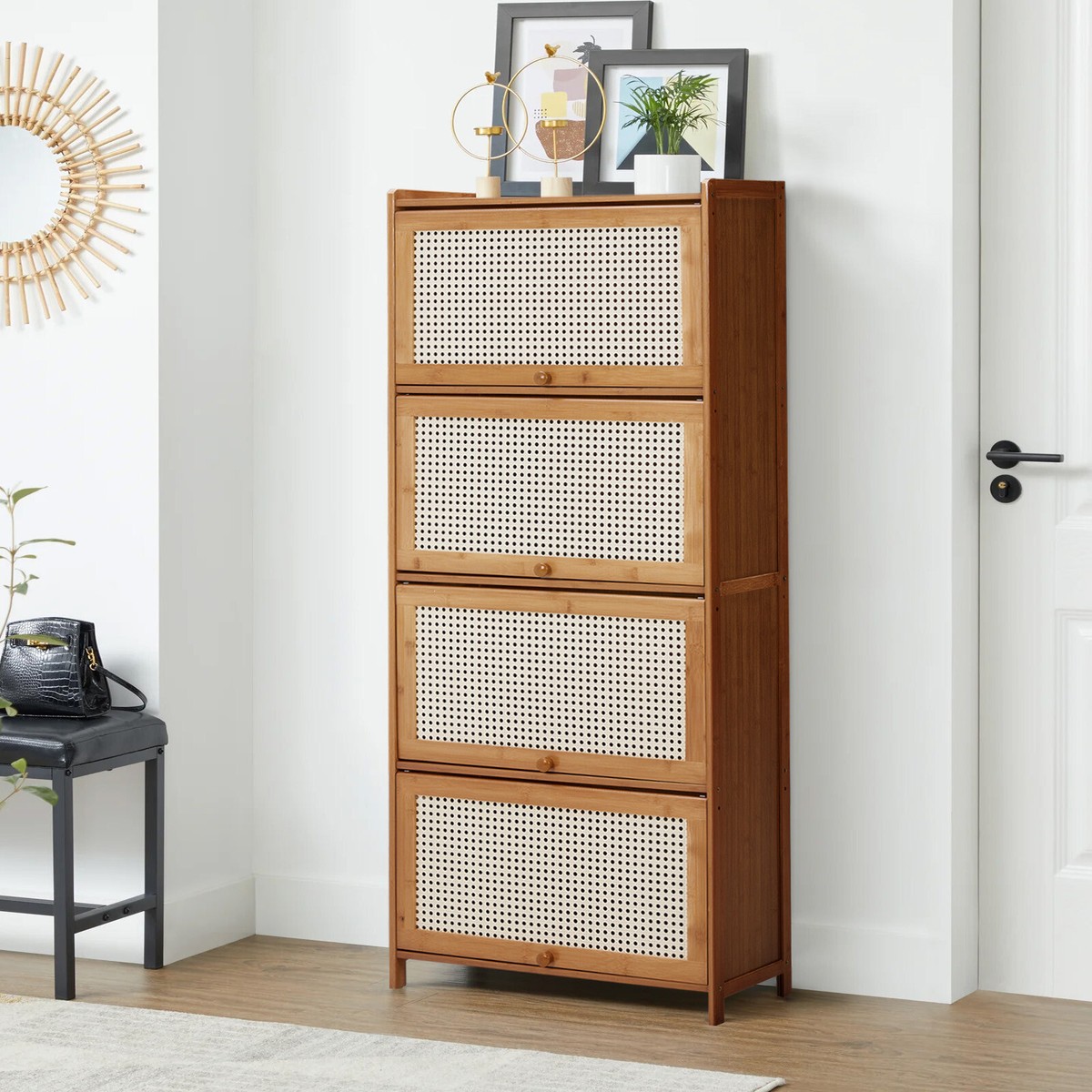 Flip Storage Rattan Shoe Cabinet Free Standing Shoe Storage