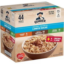 Quaker Instant Oatmeal Lower Sugar, 4 Flavor Variety Pack 44 Count (Pack of 1)