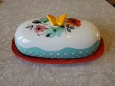 The Pioneer Woman Butter Dish Red Flea Market Floral With Butterfly Lid