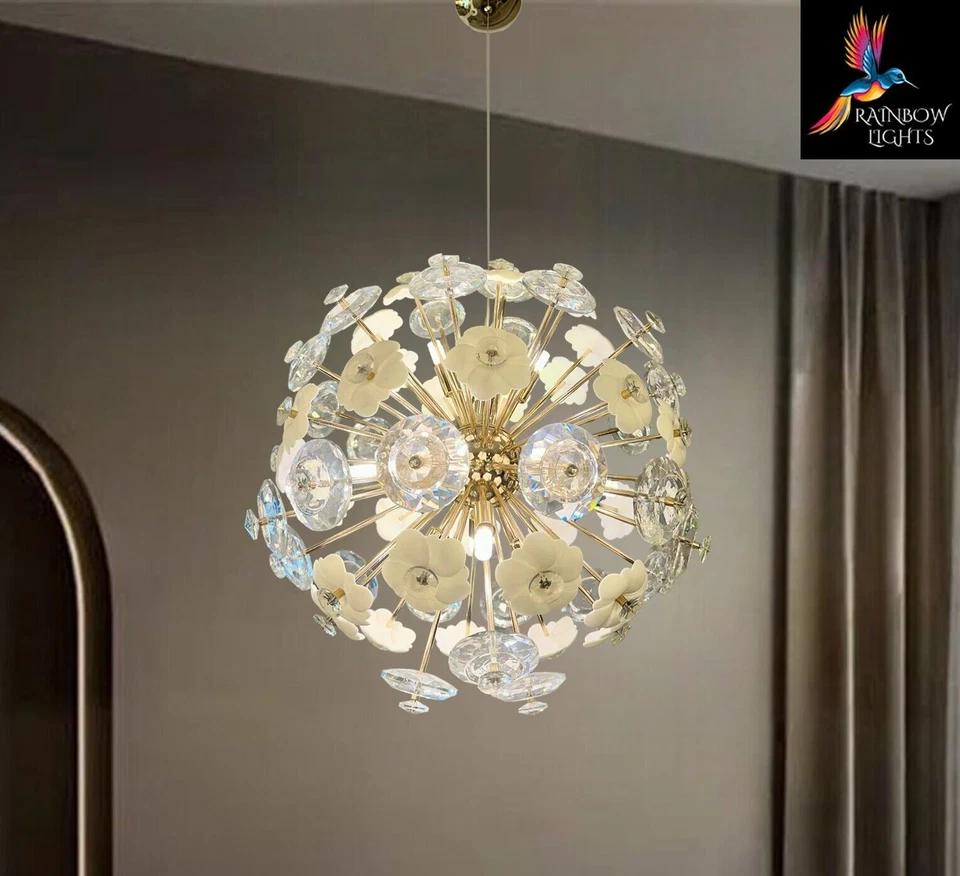 Crystal and Ceramic White Flowers Dandelion-Shaped Sputnik Chandelier - Image 3 of 4