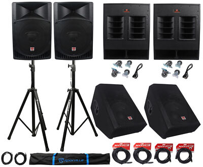 Rockville PA System w/ 15'' Speakers+18'' Subwoofers+15'' Monitors+Stands+Cables