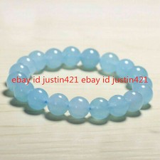 Natural 12mm Blue Aquamarine Gemstone Round Beads Bangle Bracelet 7.5" AAA