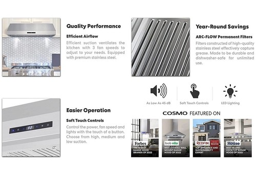 COSMO 36" W Undercabinet Ducted Range Hood w/ Internal 380 CFM Blower UMC36, NEW - Picture 8 of 14