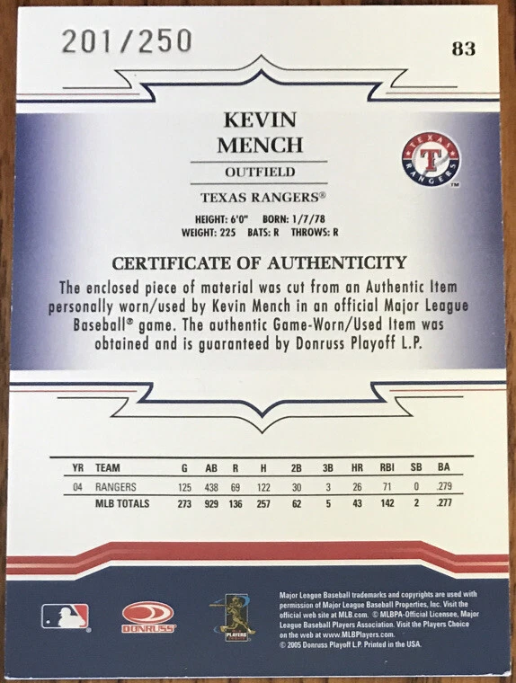 2005 Donruss Throwback Threads Material Jersey Kevin Mench #83 #’d 201/250 - Image 2 of 2