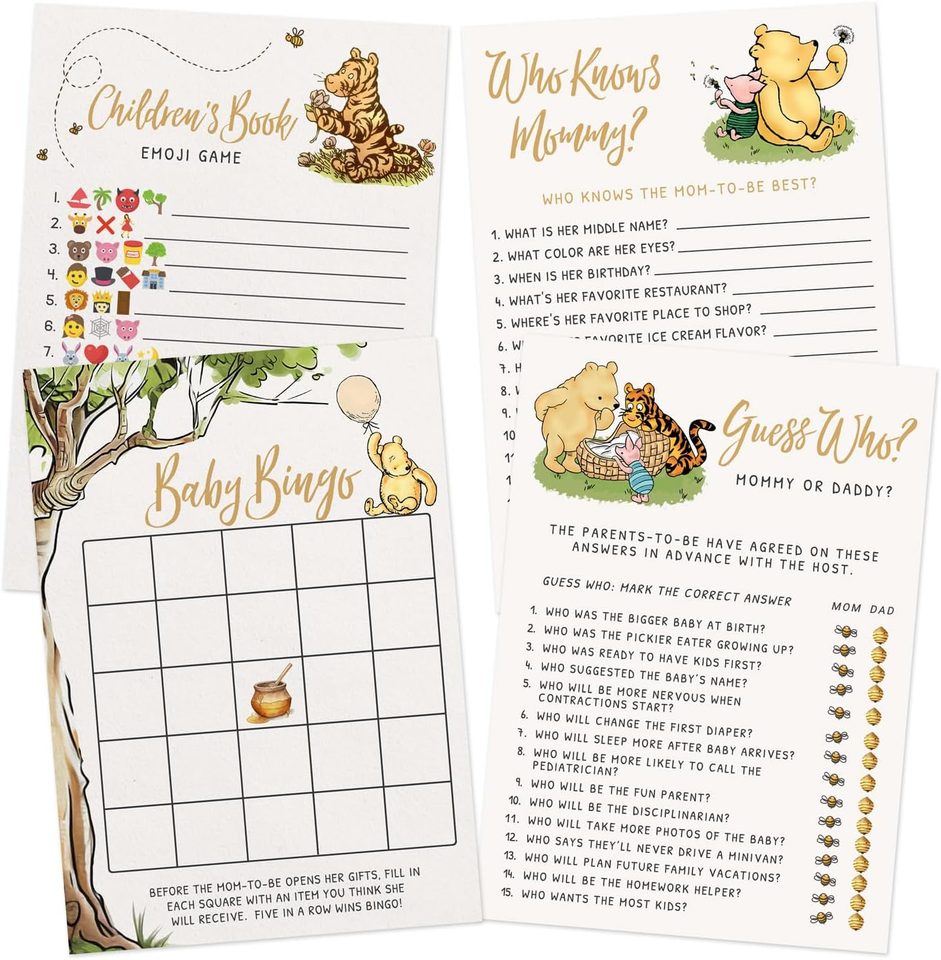 Winnie Baby Shower Game Set – 4 Games with Classic Pooh Theme for 30