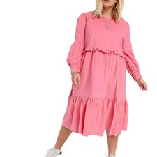 Asos Denim Pink Corduroy Frill Smocked Tiered Midi Dress Long Sleeve Sz US 14