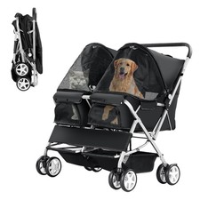 Double Pet Stroller, Foldable Stroller for 2 Dogs  Cats, Two-Seater Black