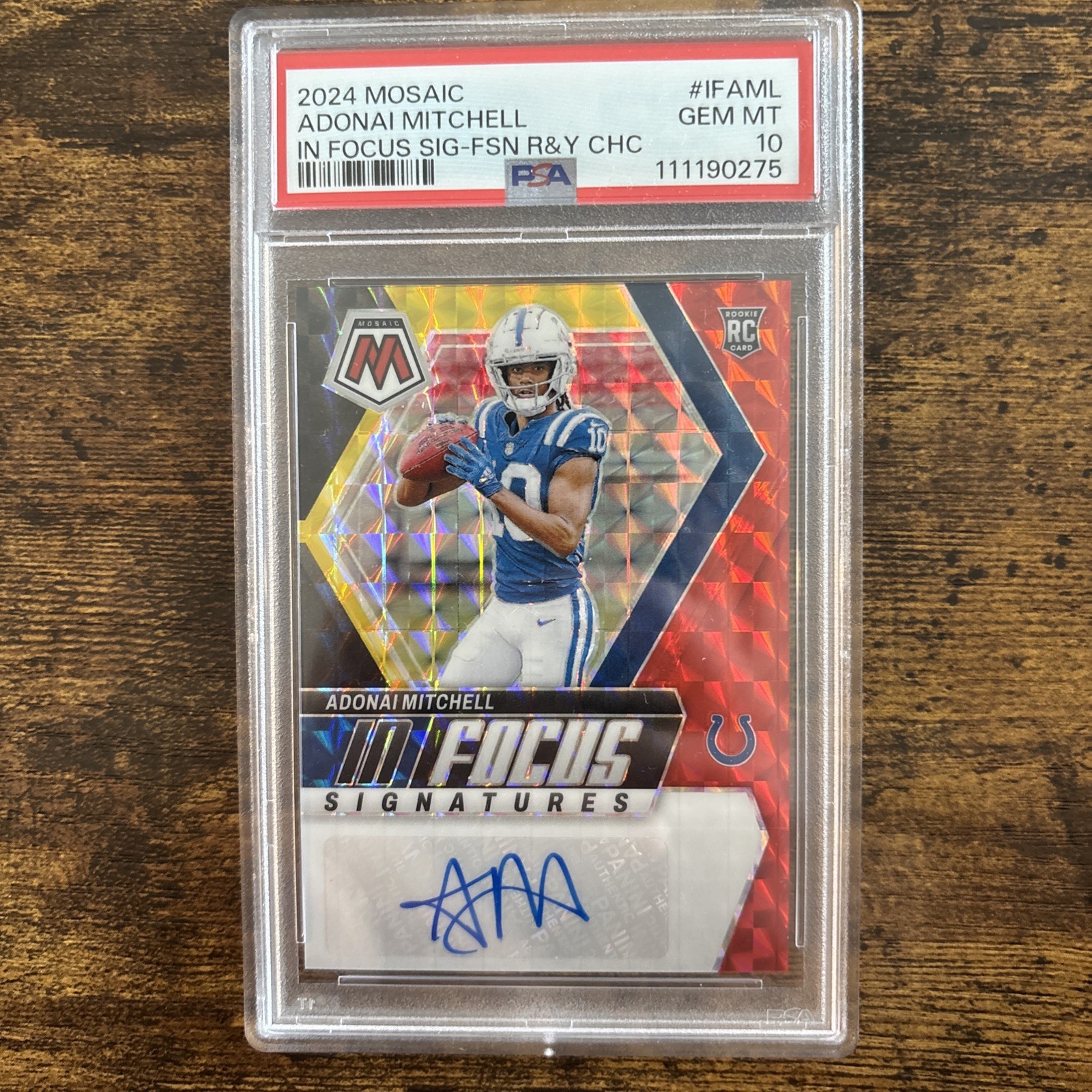 Adonai Mitchell 2024 Panini Mosaic Choice Fusion Red and Yellow In Focus Auto RC