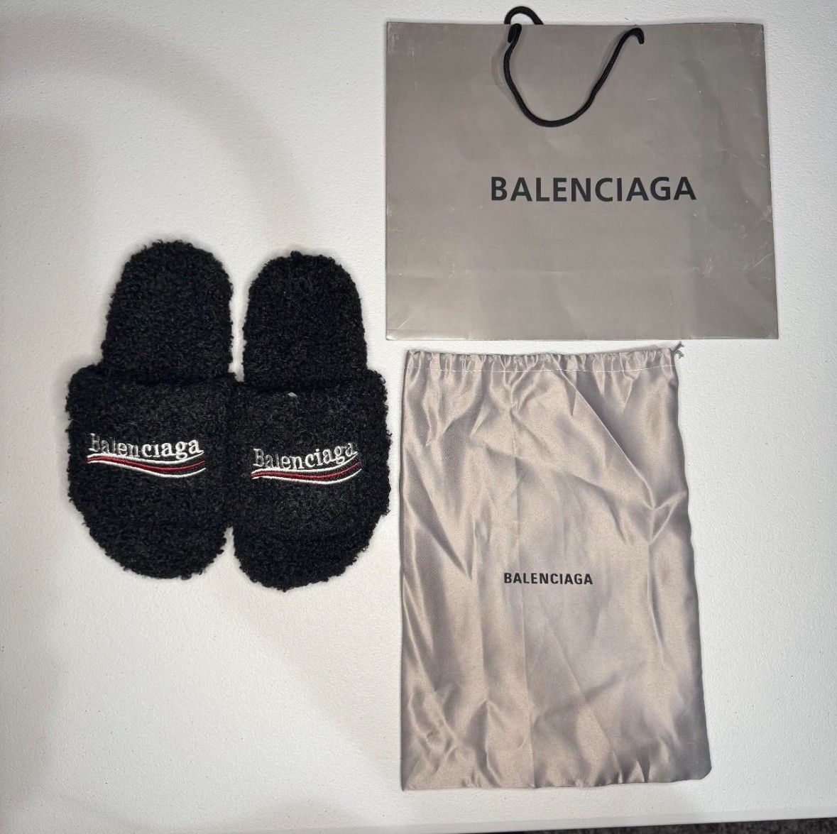 Balenciaga Men's Black Fur Slide Slippers Size 40 with Dust Bag & Shopping Bag