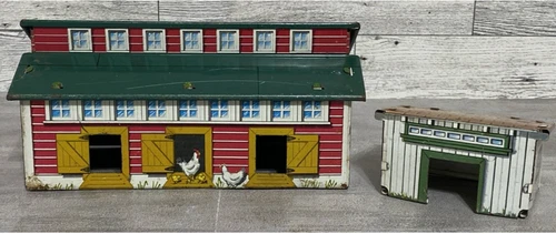 Lot of 2 MARX Farm buildings=Chicken Coop Hen House Building & Shed Tin Litho