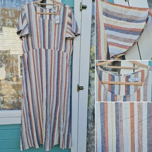 NUTMEG Dress Size Uk 20 Beautiful Woven Linen Blend Striped Summer Dress BNWT