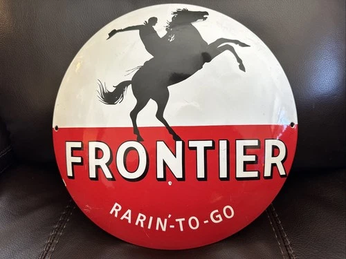 VINTAGE FRONTIER GASOLINE PORCELAIN ENAMEL GAS PUMP SIGN "RARIN' TO GO"