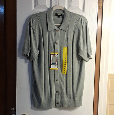 DKNY Green Solid Knit Short Sleeve Point Collar Button-Up Shirt Size M