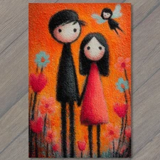 Art Print Cute Couple Red Dress Black Outfit Orange Background Whimsical Fairy F