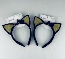 Twin Black Siamese Cat Ear Headbands Gold Glitter Black Satin Bow Costume Fun