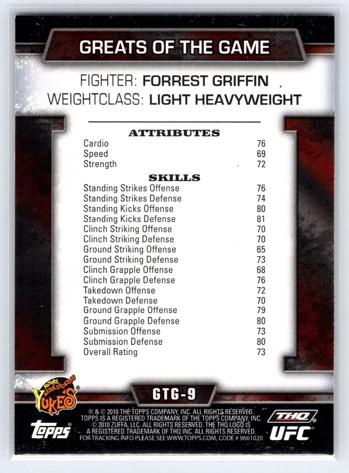 2010 Topps UFC Series 4 Greats of the Game #GTG9 Forrest Griffin - Image 2 of 2
