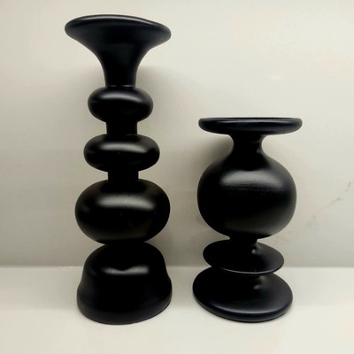 Set of 2 CRATE AND BARREL Black Wooden Pillar Candle Holders