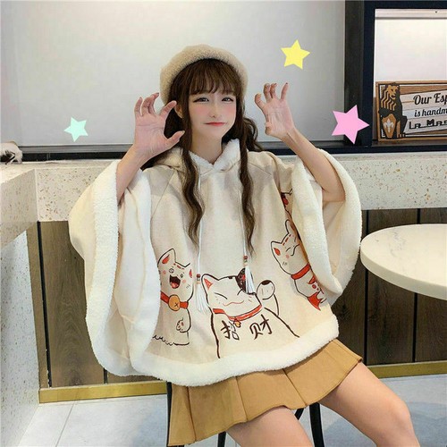 Women Girls Cloak Coat Fleece Hooded Cape Jacket Poncho Fortune Lucky Cat - Picture 6 of 9